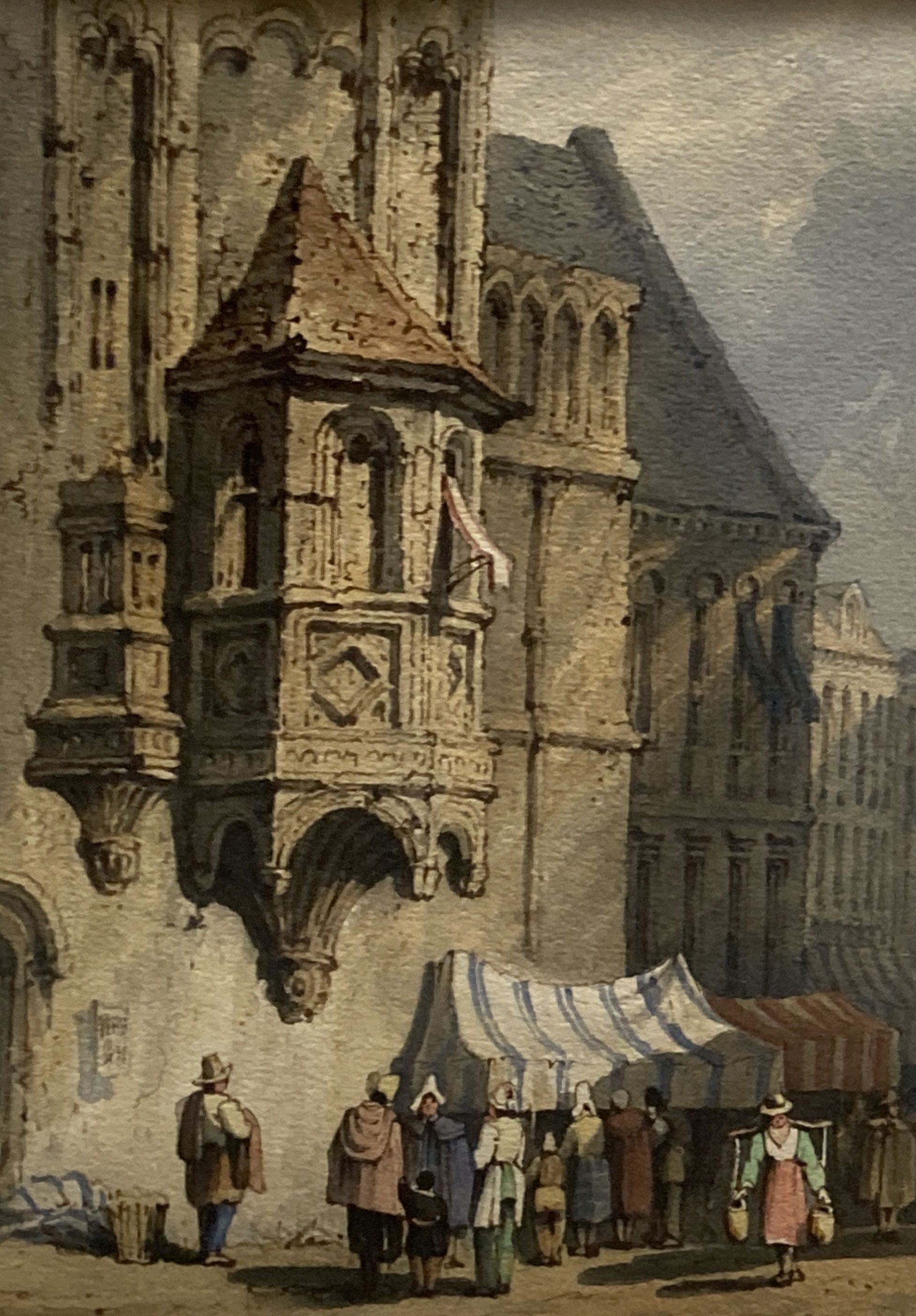 William Henry Harriott (fl.1811-39), 2 watercolours, Bologna and a French market stall, initialled and dated 1828 verso, 26 x 18cm and